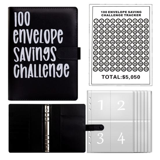 100 Envelope Savings Challenge Kit PU Binder with Numbered Pockets And Progress Trackers A5 Budget Planner for Couples Individuals