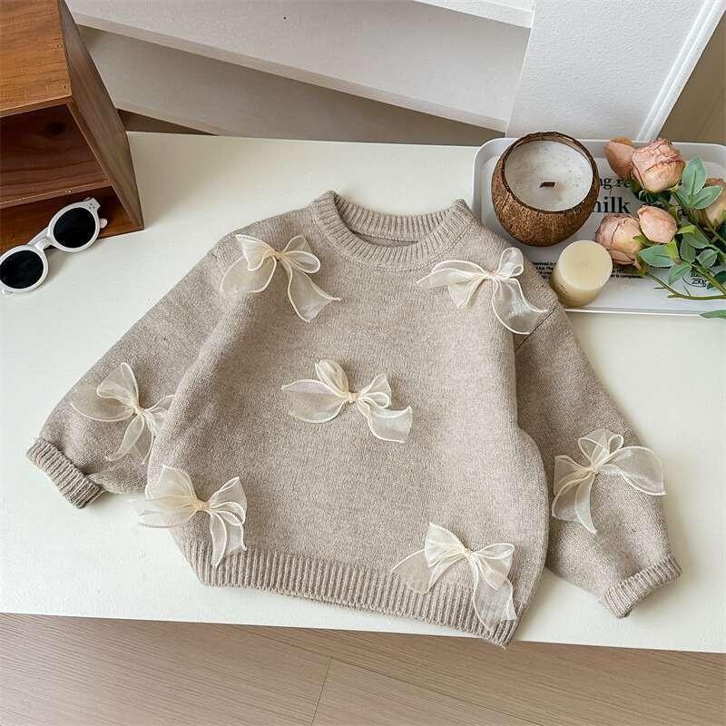 Korean Children Clothing Autumn Girl Baby Toddler Solid Bow Sweaters Winter Fashion Sweet Kid Princess Knitted Sweater