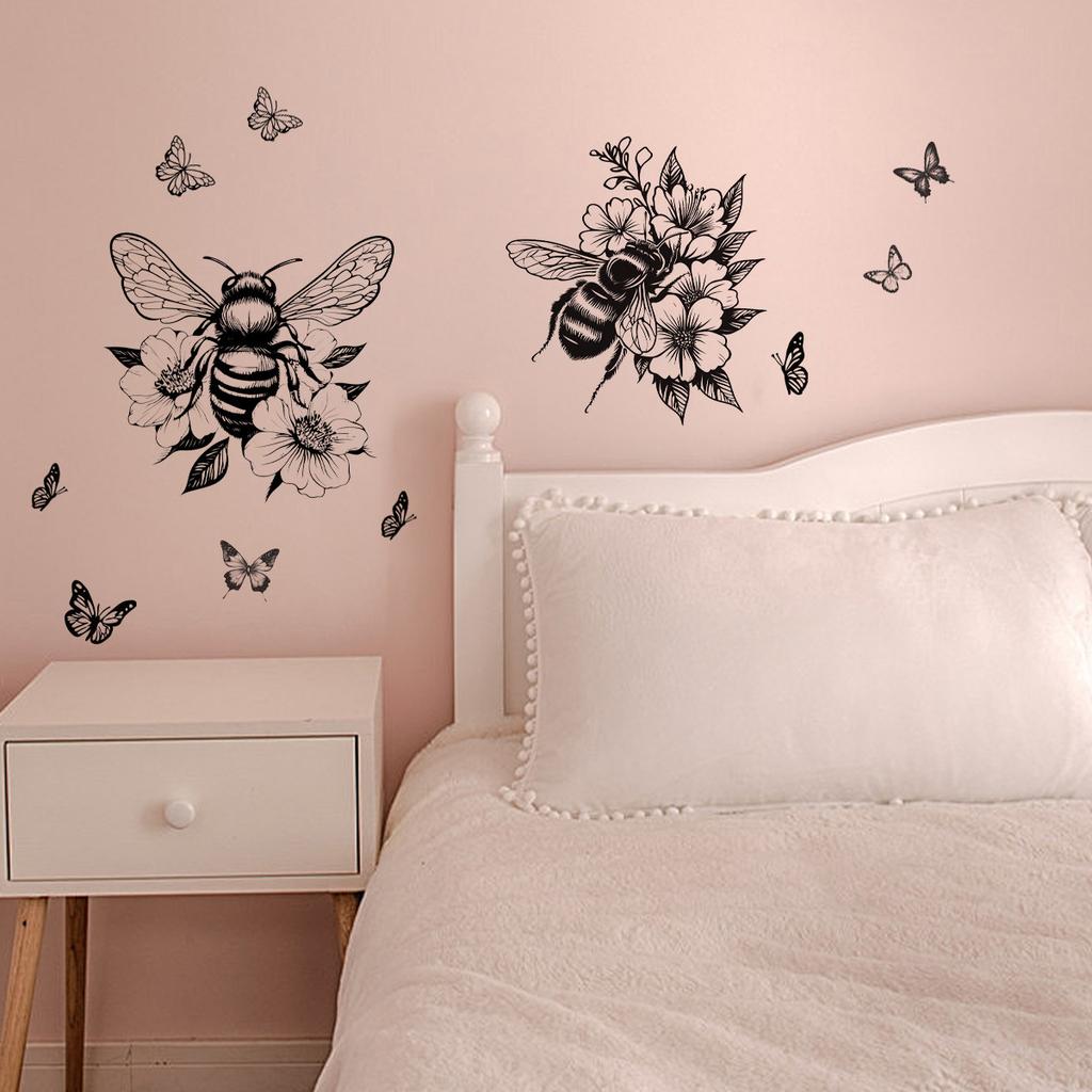 Bee Butterfly Floral Toilet Wall Sticker Self-Adhesive Waterproof Removable for Bedroom Living Room Background Wall Home Decor Art