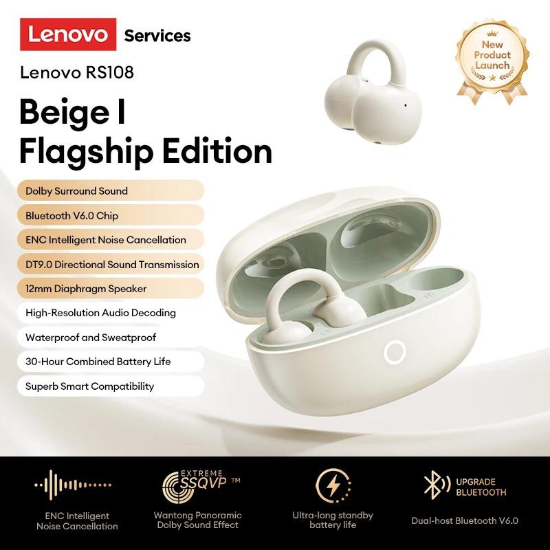Original Lenovo RS108 Open Ear Bluetooth 6.0 Headset Clip On Wireless Earphones HiFi In-Ear Earbuds ENC Noise Canceling Headphones 30H Playtime