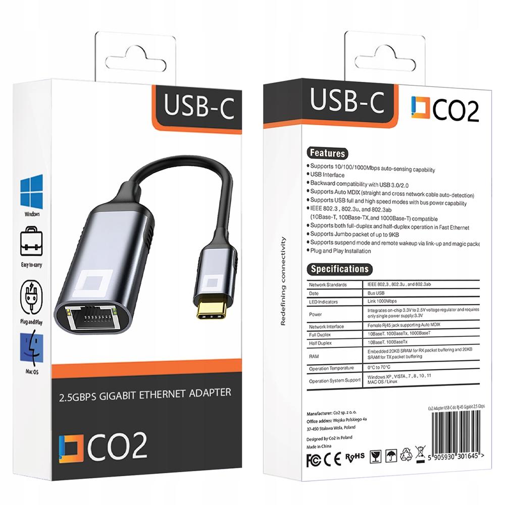 co2 Usb-C Ethernet Adapter Lan Gigabit Rj45 Network Card 2500 Mb