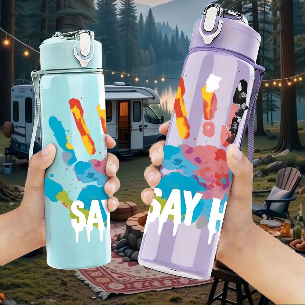 1PC Colorful Handprint Pattern 750ml Color Plastic Sports Water Bottle Leakproof Flip Straw Lid Suitable for Sports Office Home Use