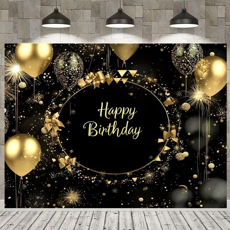2D Black & Gold Happy Birthday Backdrop, Universal Birthday Party Photography Background