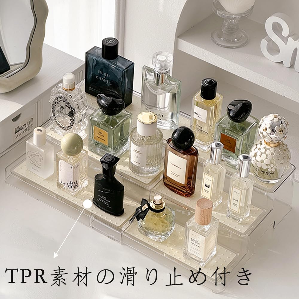 ACSTORi Perfume Storage Figure Display Telescopic Cosmetic Storage Adjustable Height Clear PET TPR Mat No Installation Perfume Organizer Rack, Stand,