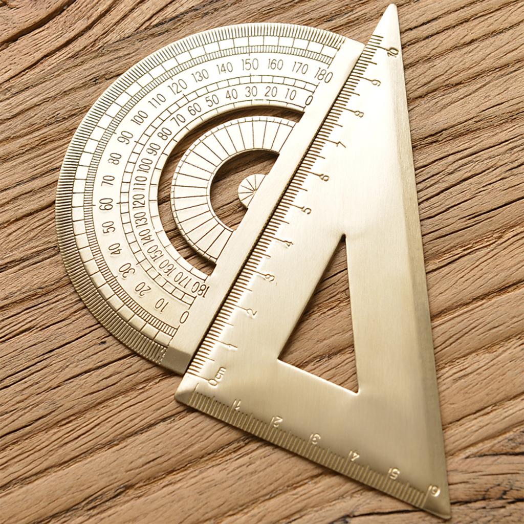 Vintage Brass Triangular Ruler Geometry Scale Ruler Math Semicircle Protractor Stationery Precision Measuring Tool