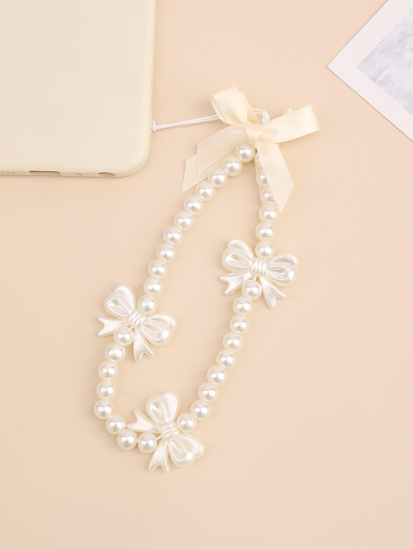 Yilian New Girl Heart Pearl Bow Phone Hanging Rope Handmade Beaded Phone Chain Short USB Pendant for Women ABS