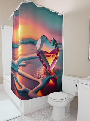 3D Křišťálové Srdce Západ Slunce Sprchový Závěs | Romantická Plážová Koupelnová Dekorace