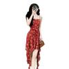 Red floral suspender dress women's new design sense ruffle leaf edge irregular waist smudge suspender skirt