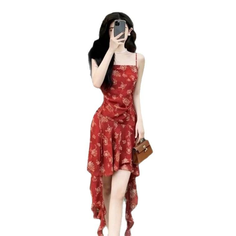 Red floral suspender dress women's new design sense ruffle leaf edge irregular waist smudge suspender skirt