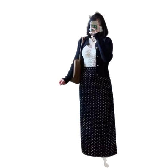 New Autumn/Winter Girls' Black Polka Dot Midi Skirt, Slimming A-line with Split, Perfect for Pear-Shaped Figures