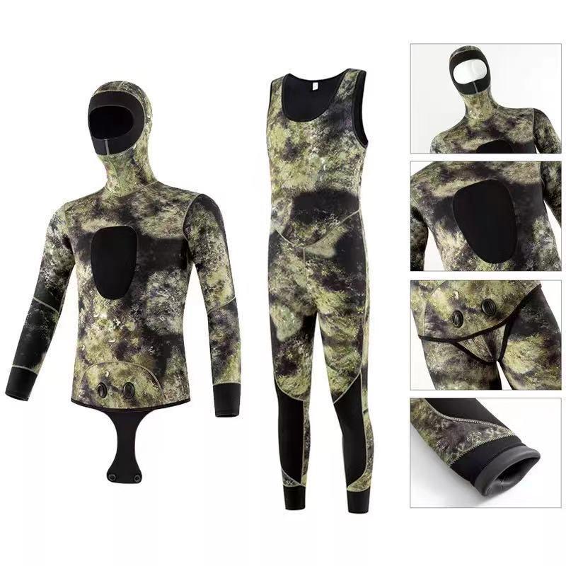 1.5/3MM Hooded Camouflage Diving Suit for Cold Protection, Warmth, and Snorkeling.