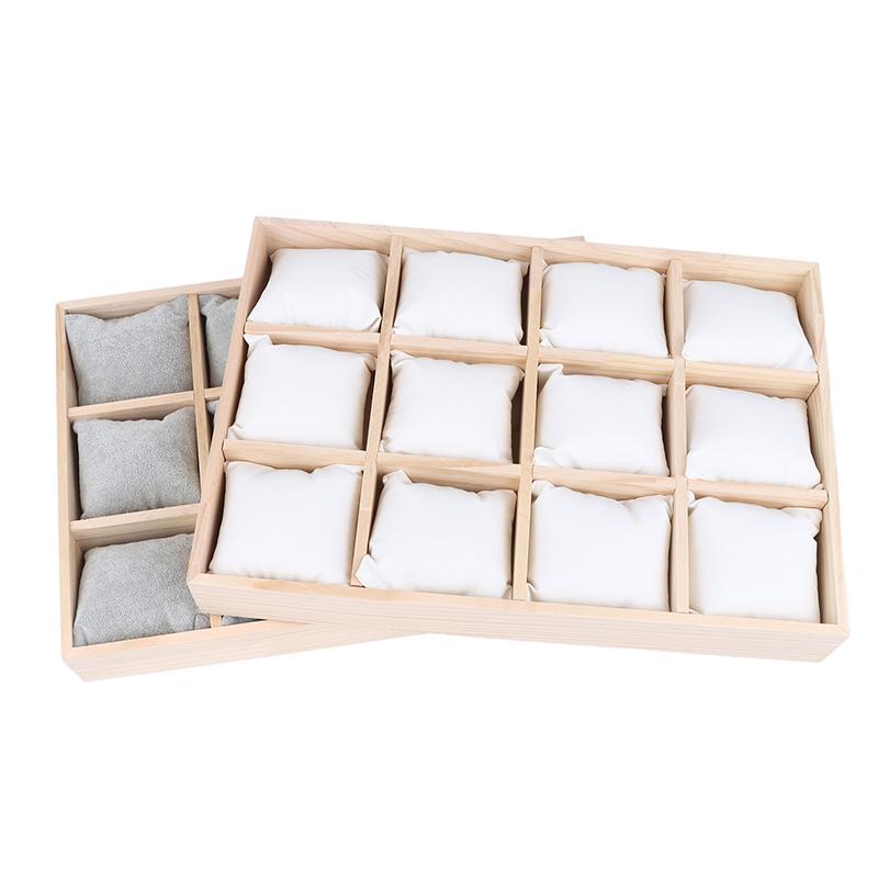Drewniany 12-miejscowy organizer na zegarki, biżuterię i bransoletki z wyjmowanymi poduszkami flanelowymi