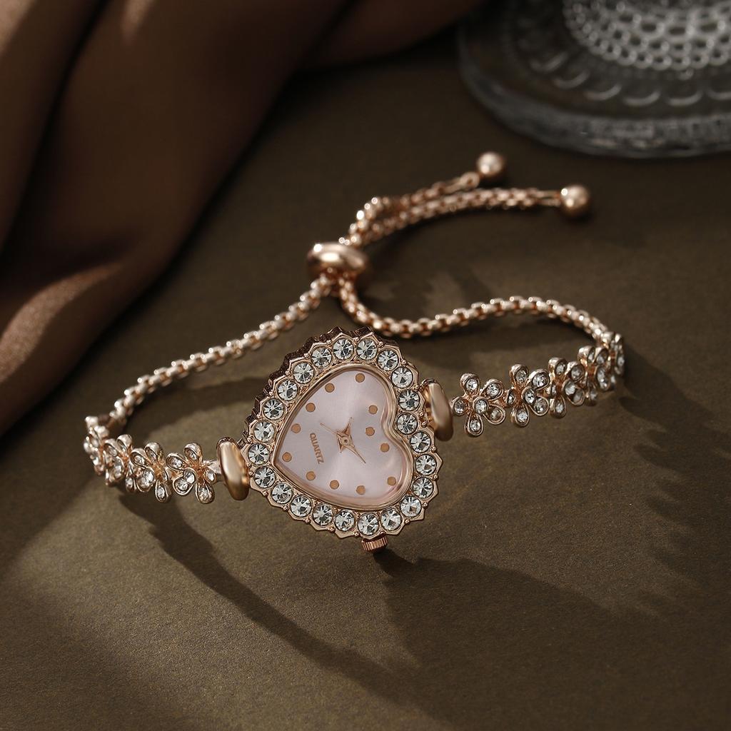 5 st/set Vardagsmode Kvarts Klocka & Hjärta Strass Smyckesset Gåvor för Kvinnor Lyxmärkesdesign Kvinnor Montre Femme Reloj