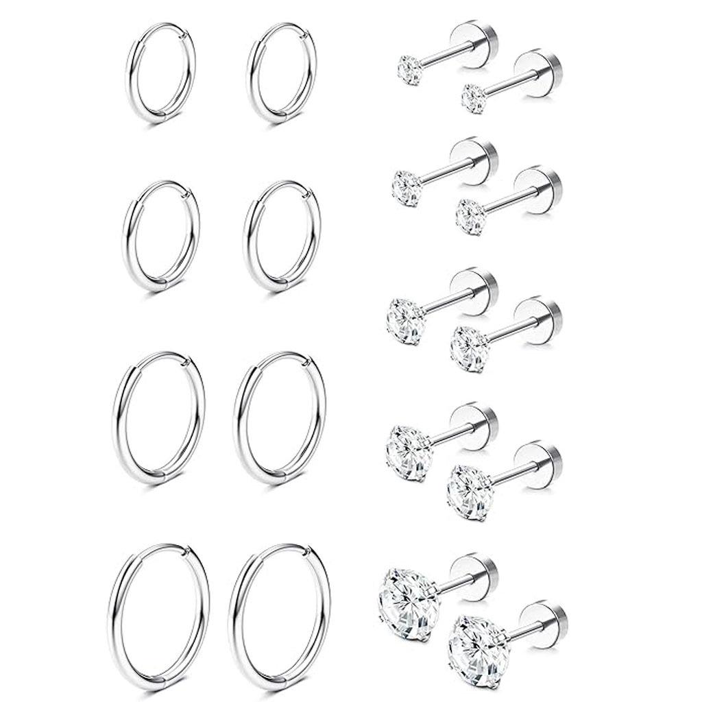 Stainless Steel European-American Style Stud & Hoop Earring Set