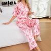 GMXIA Fortschrittlicher leichter Luxus Pyjama Damen Frühling und Herbst Eis Seide Kurzarmhemd Hose Anzug Homewear