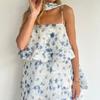  European and American Amazon women's clothing new floral streamer suspender ruffle loose top wide swing long skirt set