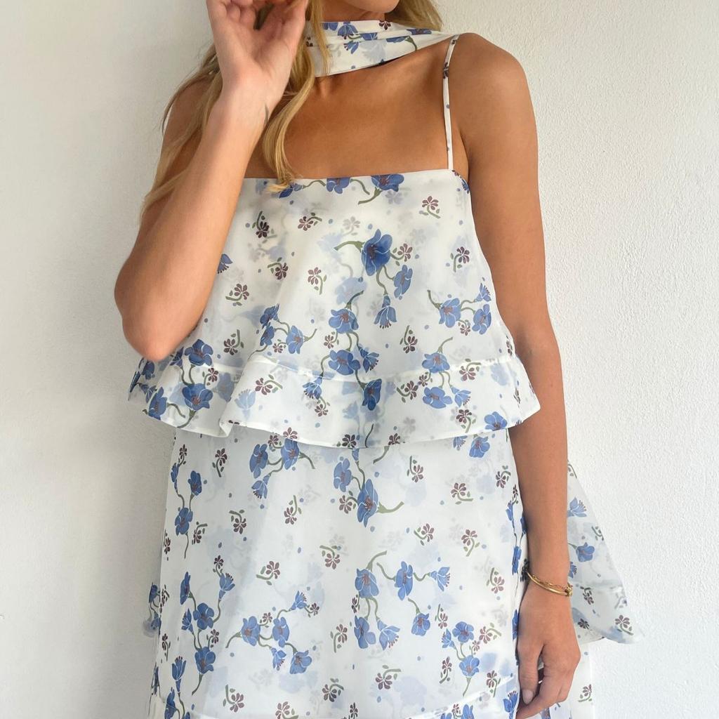  European and American Amazon women's clothing new floral streamer suspender ruffle loose top wide swing long skirt set
