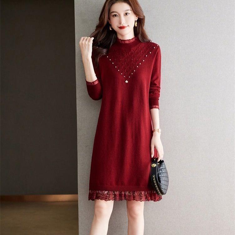 Lace Knitted Dress for Women In Autumn and Winter Large-sized Half Turtleneck Knitted Sweater Loose Mid-length Sweater Dress