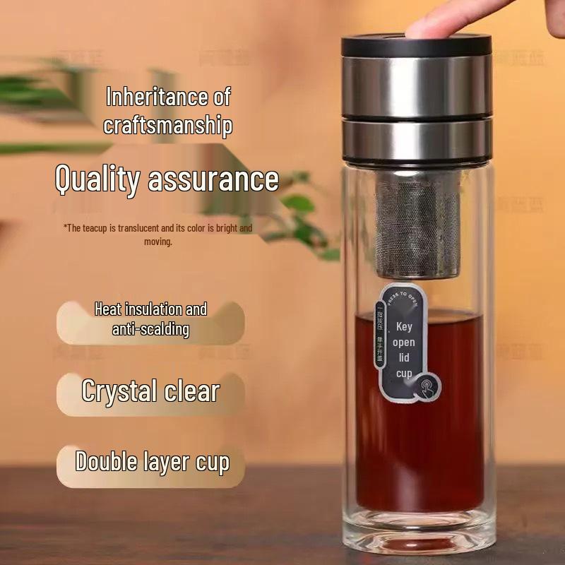 One-Touch Open Goose Egg Double-Layer Glass Cup: Anti-Scalding, High Borosilicate, Quick-Open Tea/Water Separation Cup