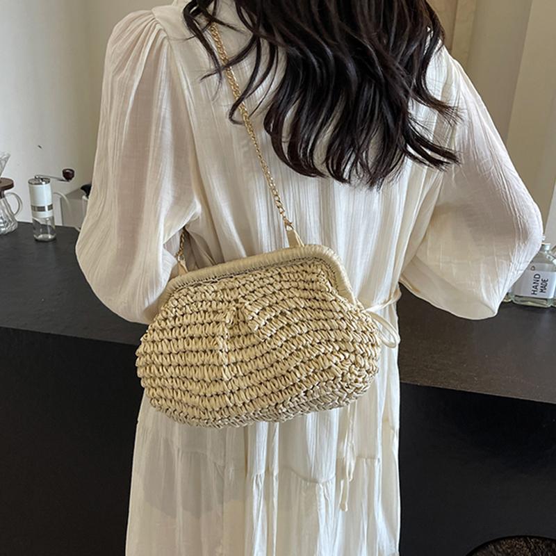 Summer Beach Fashion Hollow Out Women Clip Woven Shoulder Bag Straw Weave Chain Casual Crossbody Bags