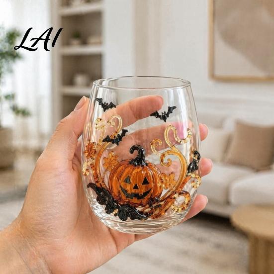 School Water Drinkware Halloween Artisan Glassware Stemless Drinking Glasses with Raised Pumpkin Ghost Black Cat Web Modern Glass Tumbler Design,