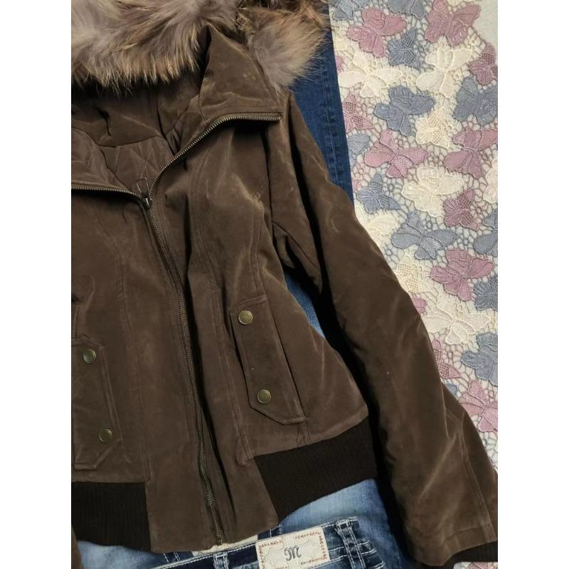 Winter American Vintage Fashion Harajuku Hooded Jacket Women Slim Brown Fur Collar Short Coat Casual Streetwear Chic Outerwear