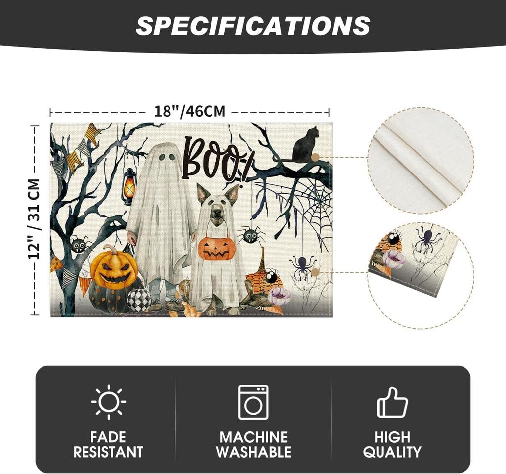 Ghost Pumpkins Tree Dog Boo Halloween Placemats Set of 6, 12x18 Inch Seasonal Fall Holiday Table Mats for Party Kitchen Dining Decoration