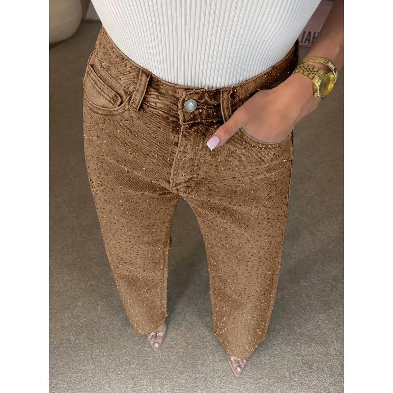 Shiny Rhinestone Jeans Pants Sexy Women High Waist Elegant Night Club Diamonds Denim Straight Trousers