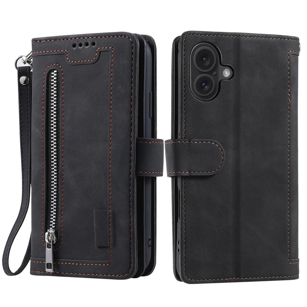 For iPhone 16 Plus Case Zipper Pocket 9 Card Slots PU Leather Phone Cover