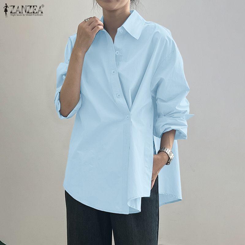 ZANZEA Women Casual Turn Down Collar Solid Color Loose Long Sleeve Blouse