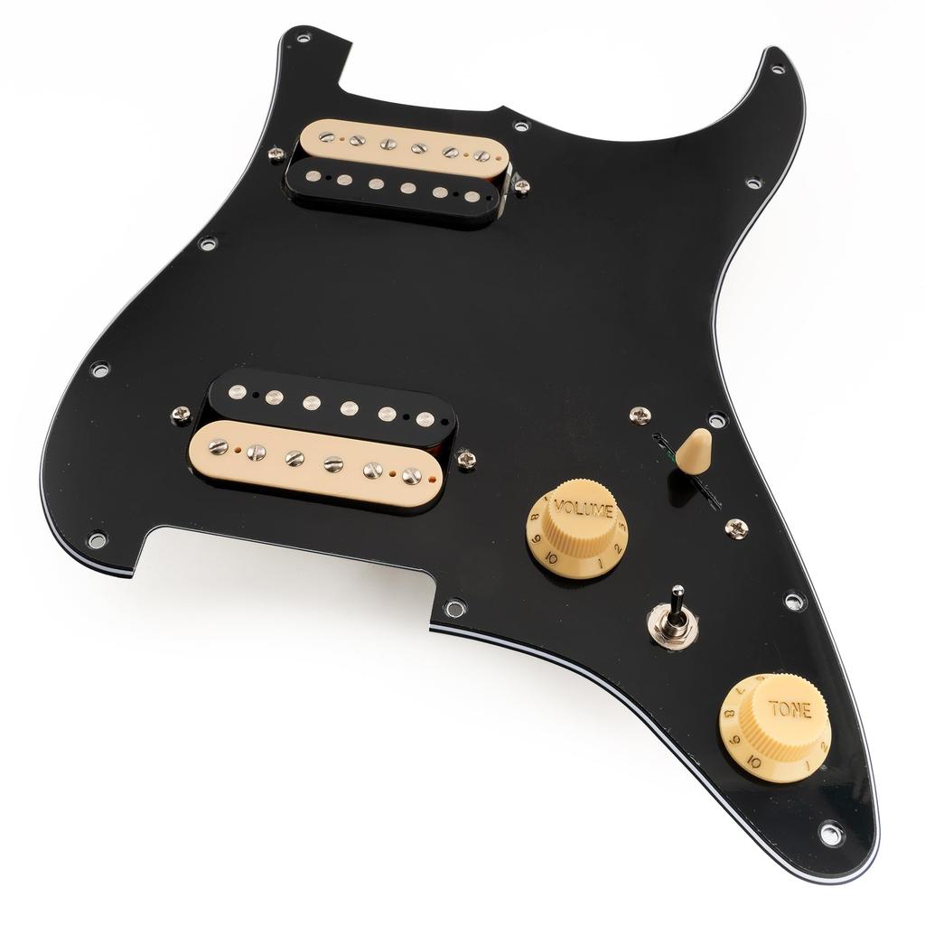 Musiclily Pro SE ST-HH-OMHA Prewired Pickguard with Alnico 5 Humbucker and Mini Toggle Switch for Strat Electric Guitar, 3-Ply Black, Zebra Pickups