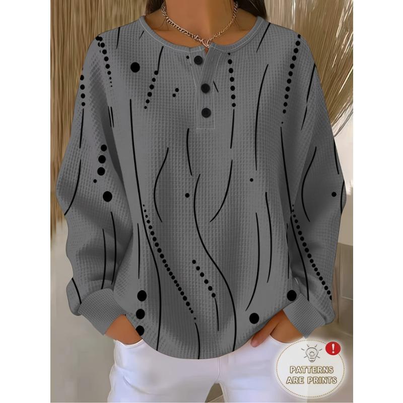 Henley Collar Standard Size Women'S 3-Button Waffle Long Sleeve Casual T-Shirt, White Base Black Curve Polka Dot Line Print