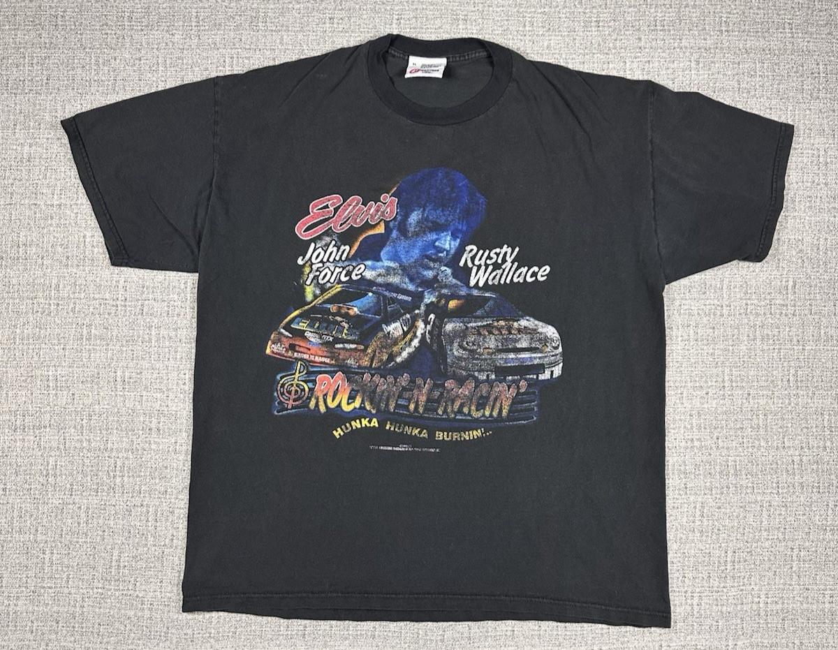Vintage Elvis Presley Rusty Wallace John Force Black T-Shirt Rockin Racing Sz XL Unisex T-Shirt L