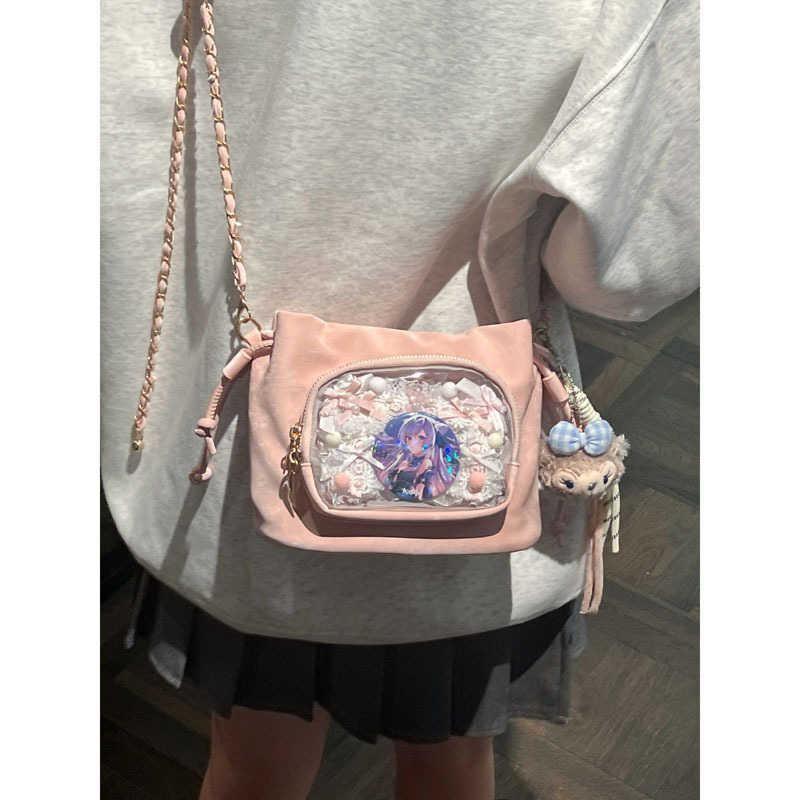 JIAERDI Drawstring Ripple Ita Bag Women Basic Anime Transparent Shoulder Bag Ladies Daily Casual Compact Bucket Crossbody Purse