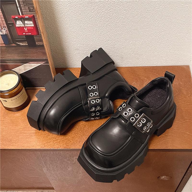 Loafers women's 2025 new sweet and cool Brock style thick-soled heightening single shoes retro black non-slip small leather shoes