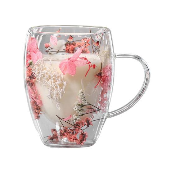 350ML Double Wall Glass Coffee Mug Dries Flower Insulated Glass Cup with Handle Clear Espresso Latte Cappuccino Milk Juice Tea Water Cup