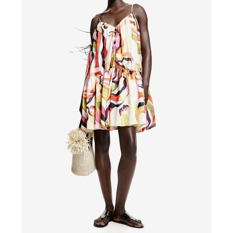 

Заказ внешней торговли H Пограничная текстура Слинг Изысканный принт V-образный вырез Дизайн с перевязкой Большой подол Платье Отпуск Инстаграм-стиль Color S