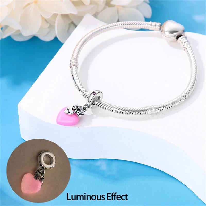 Charm Bead Charms Authentic Copper Plated Luminous Bead Pink Heart Pendant Bead Charms Compatible With Bracelets Diy Gift Women Delicate Jewellery
