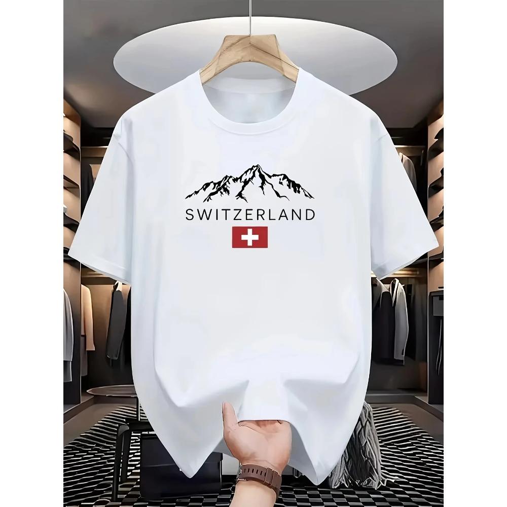 

Men s summer 100% cotton fashionable casual loose sports Swiss mountain pattern printed round neck short sleeved 2D T-shirt top S