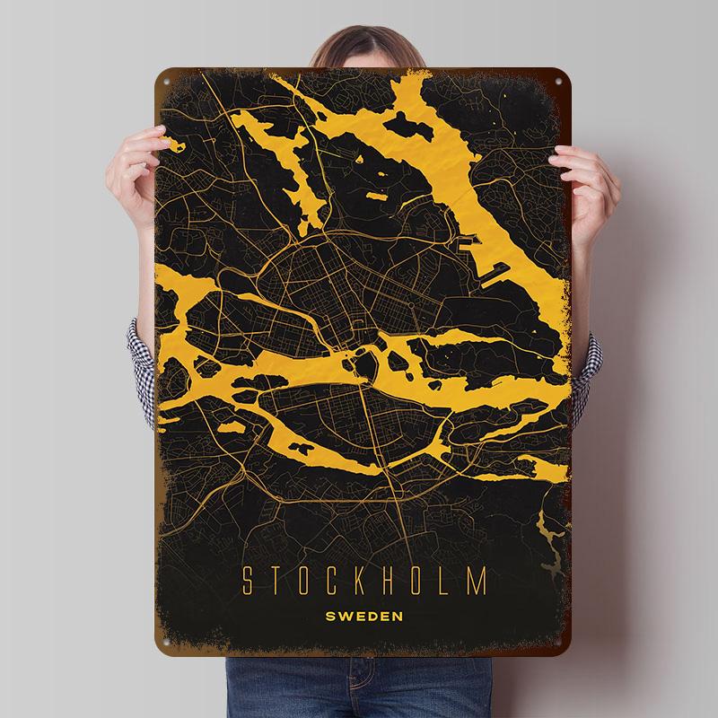 Stockholm Sweden - Golden Minimalist City Map Print Tinplate Poster Customized Wall Art Vintage Metal Signs Retro Tin Plaque for 20X30CM