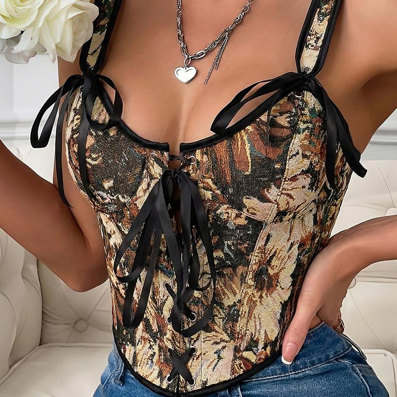 French Jacquard Oil Painting Waist Cincher with Bow Tie and Lace - Vintage Court Style