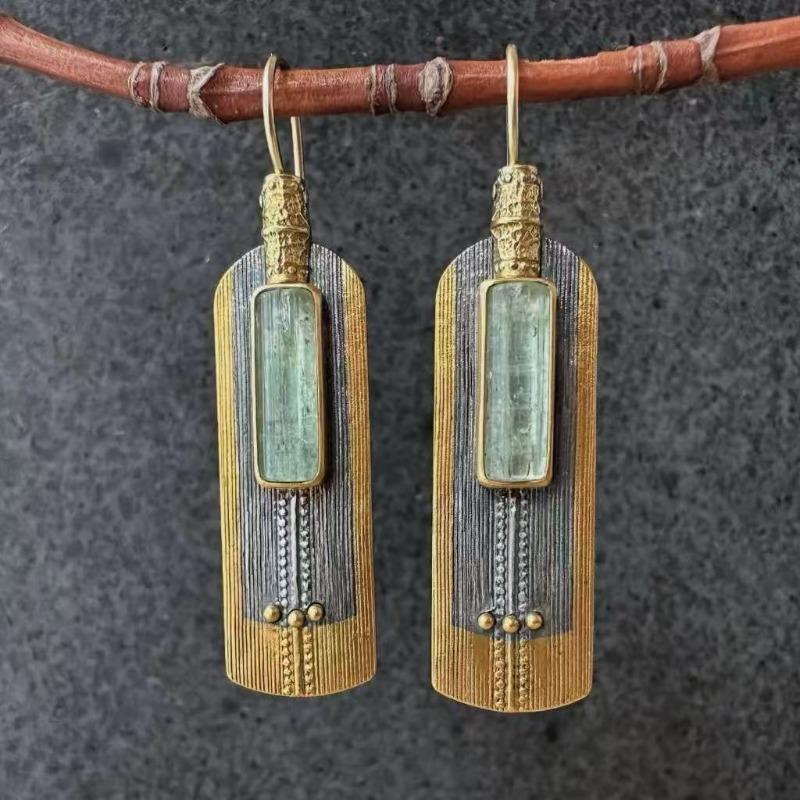 Kolczyki w stylu vintage etnicznym z inkrustowanym zielonym kamieniem, geometryczna kreatywność, kolor srebrny, wiszące kolczyki dla kobiet, biżuteria