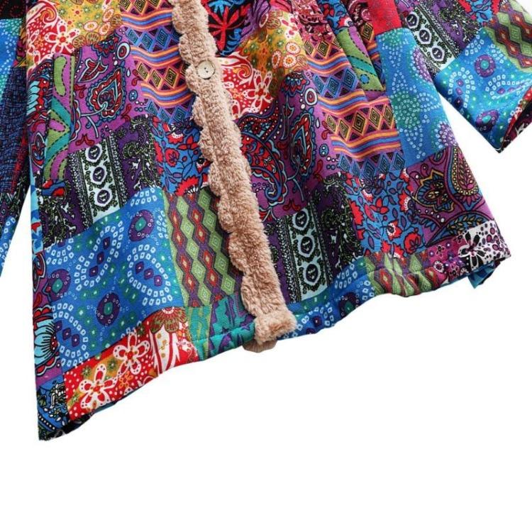 Vintage Women Wind Coat Winter Warm Plush Hooded Cotton Linen Printed Medium Length Coat