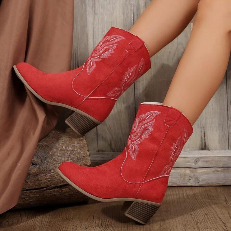 New Western Cowboy Boots - Knight Boots - Women's Mid-Calf Embroidered Retro Pointed-Toe Thick Heel Mid-Calf
