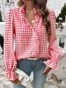 Red and White Checkered Long Sleeve Blouse with Ruffle Trim