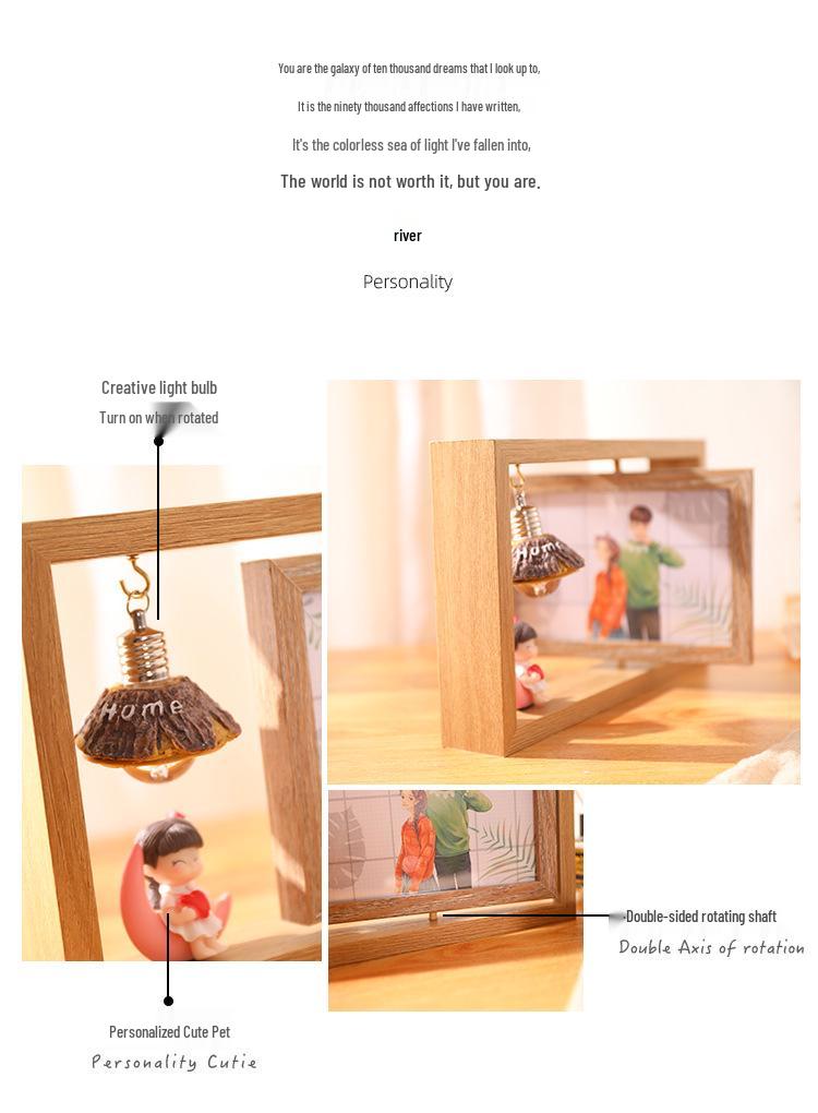 6-Inch Modern Double-Sided Rotating Wooden Photo Frame & Album with Wood Carving Ornament