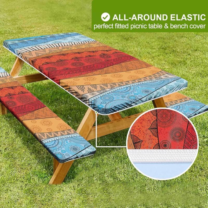 Waterproof Camping Tablecloth Set With Elastic Edge Drawstring Floral Print Rectangle Table Cover Outdoor Picnic BBQ