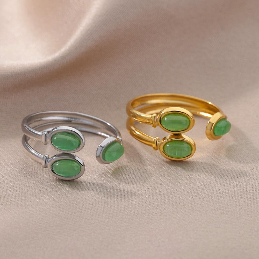 Green Stone Ring For Women Stainless Steel Gold Adjustable Stone Ring Wedding Aesthetic Fashion Jewelry Gift Accessories