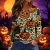 Women's Long Sleeve Round Neck Top with Halloween Print and Side Slit Hem for Casual Wear