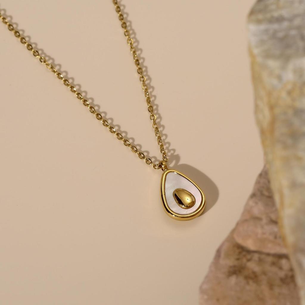 Gold-Plated Clavicle Necklace with Milky White Faux Shell Avocado Design